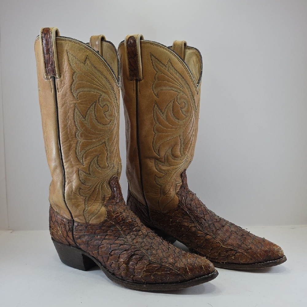 Dan Post Pirarucu Fish Leather Cowboy Boots Tan Exotic Western Boots Men's 10.5D